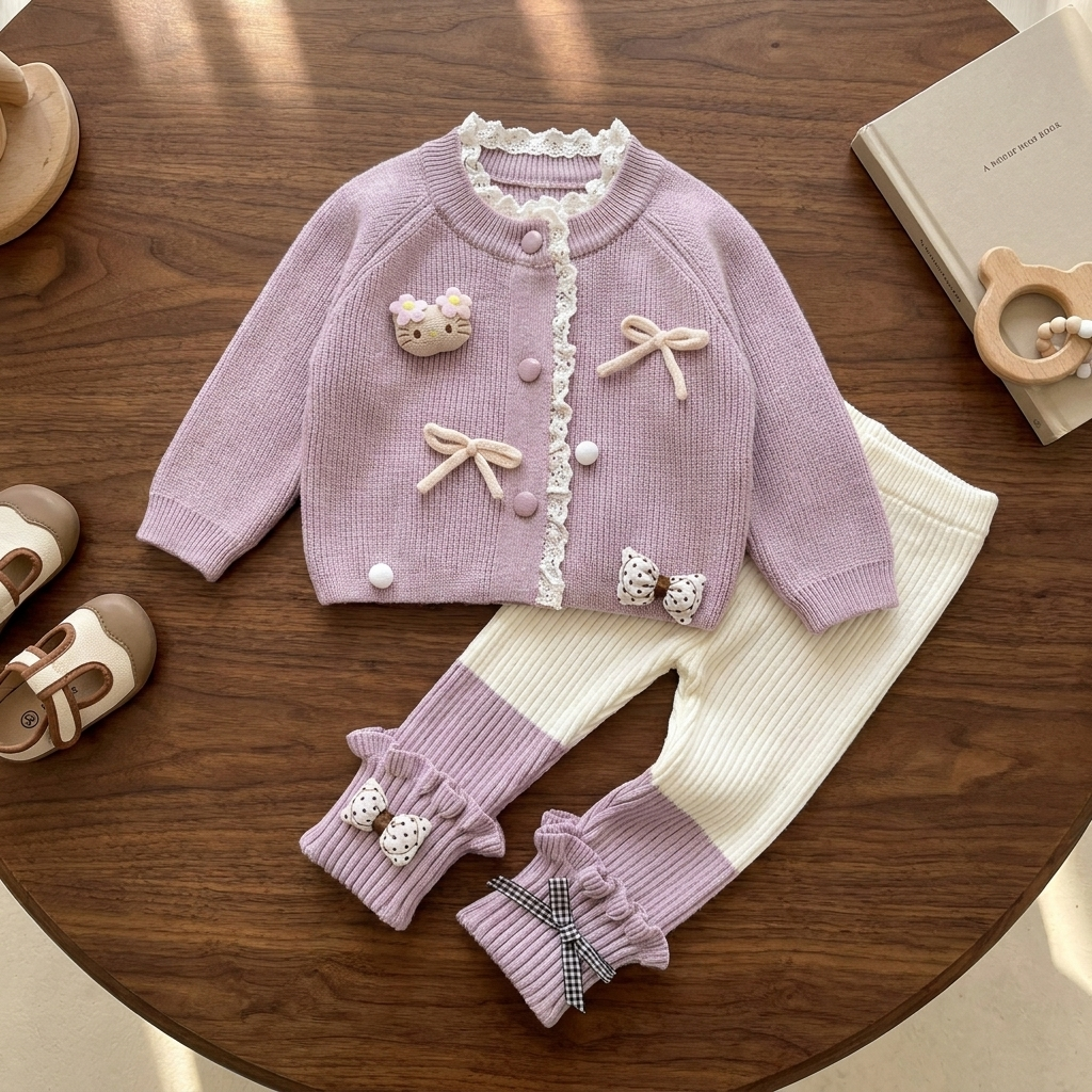 Purple knit-look cardigan and Cream ribbed trouser girls 2-piece sweater suit, displayed on a wooden table with raised front bows, lace-look trim and frilled ankle cuffs.