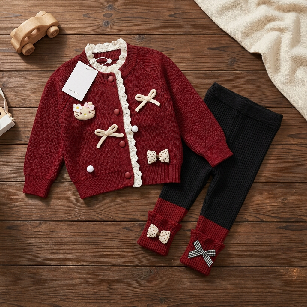 Red knit-look cardigan with Black ribbed trousers in the girls 2-piece sweater suit, flat-lay view showing the lace-look placket, kitty chest applique and ankle bows.