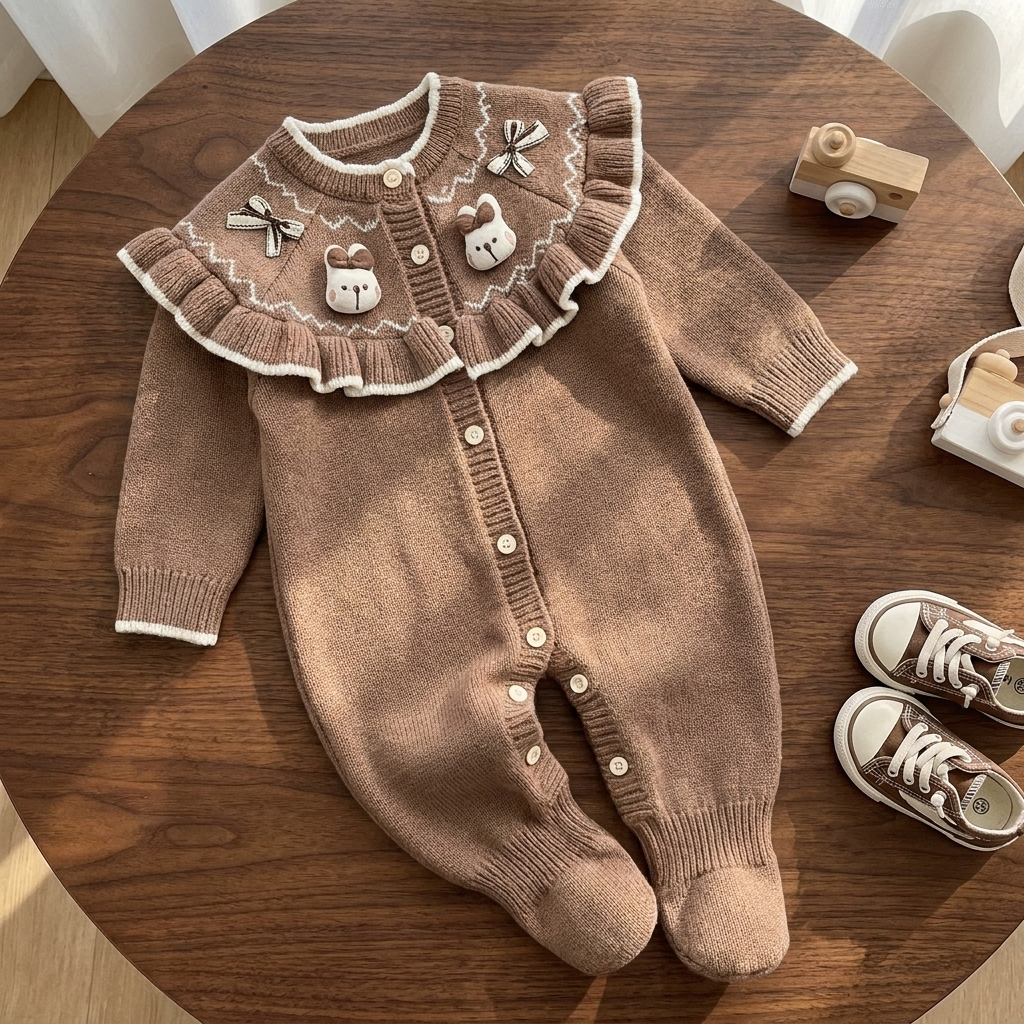 Brown full-length footed baby knit-look romper laid flat on a wooden table, featuring a Cream-edged ruffle bib, teddy face appliques and bow details.