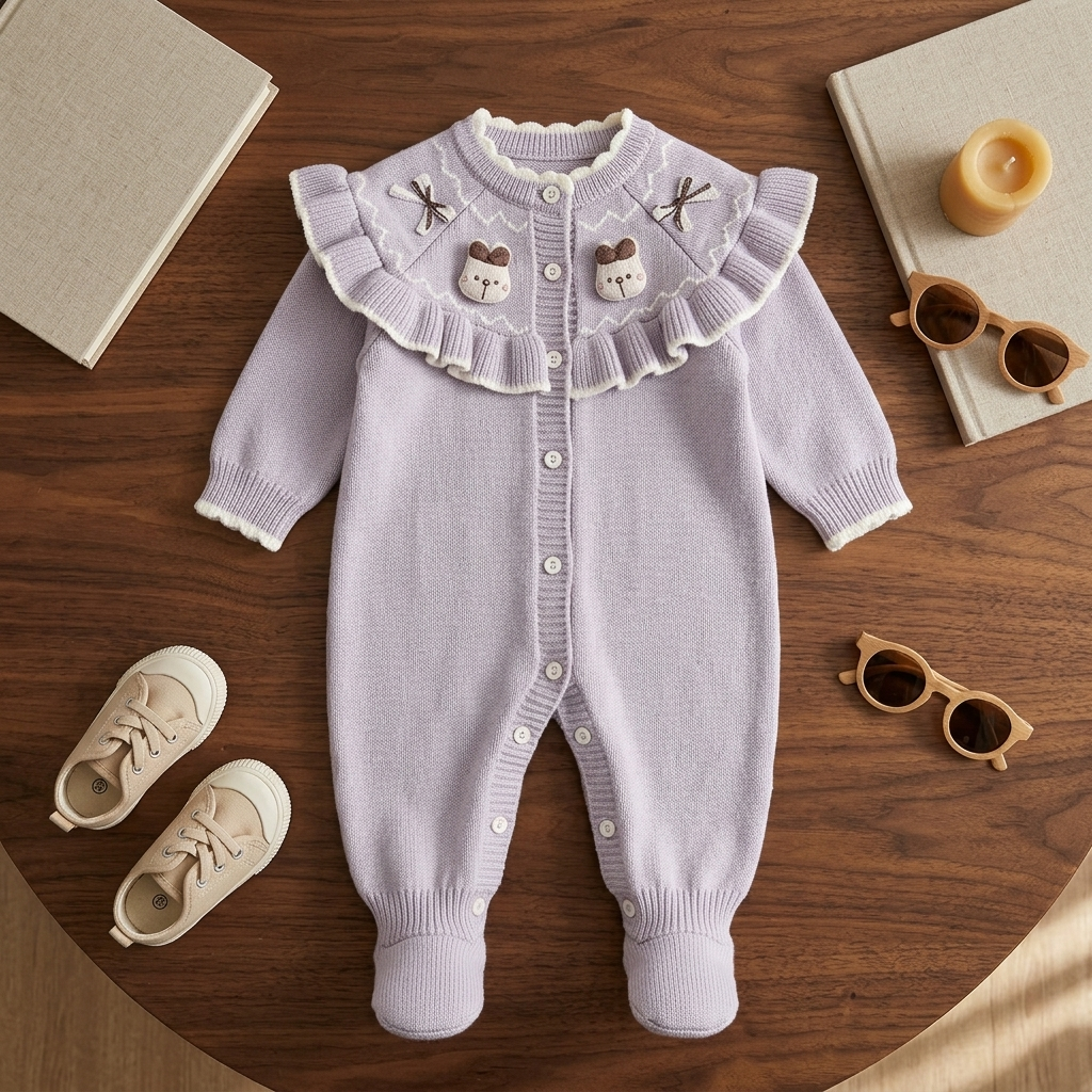 Purple full-length footed baby knit-look romper in a flat-lay presentation, with a layered ruffle chest panel, two teddy appliques and front buttons.
