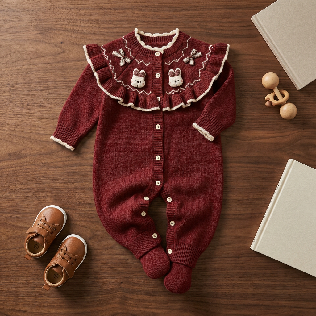 Red full-length footed baby knit-look romper laid flat on wood, detailed with a contrast Cream ruffle bib, teddy face chest appliques and small bows.