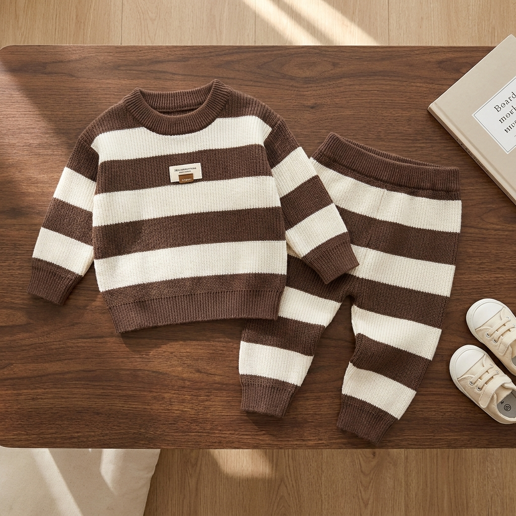 Brown and Cream wide-stripe baby knit sweater and matching cuffed trouser 2PC set displayed flat, featuring a small chest badge.