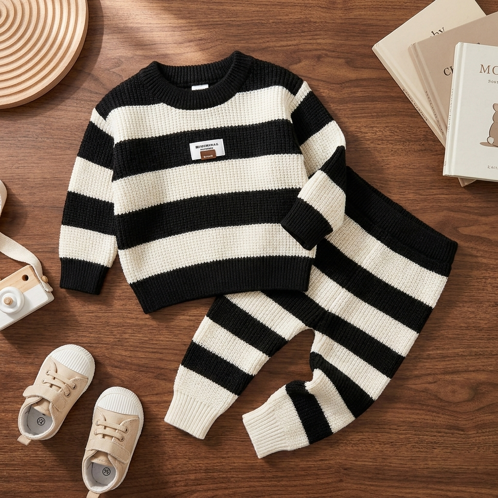 Black and Cream wide-stripe baby knit sweater and matching cuffed trouser 2PC set displayed flat with ribbed neckline and ankle cuffs.