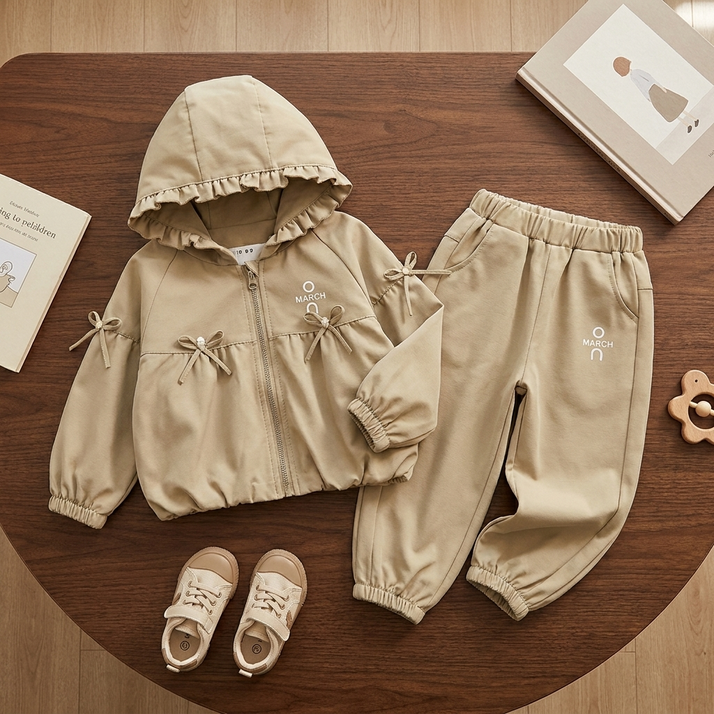 Beige girls three-piece jacket, shirt and jogger outfit flat lay with a ruffle-trim hood, centre zip, pearl bow details and elasticated trouser cuffs.