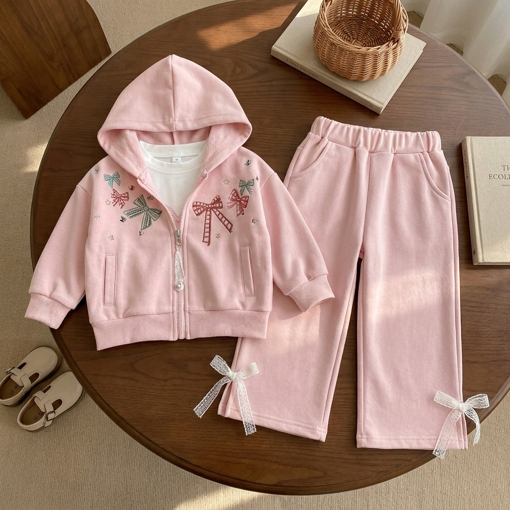Pink girls three-piece hooded jacket, inner shirt and trouser set displayed on a wooden table, showing embroidered bows, zip pockets and decorative ankle bows.