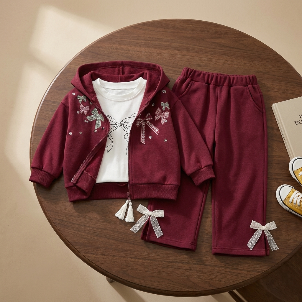 Maroon girls hooded jacket, White inner shirt and matching trouser 3pc set laid flat, with bow embroidery on the jacket and silver bow details at the trouser hems.