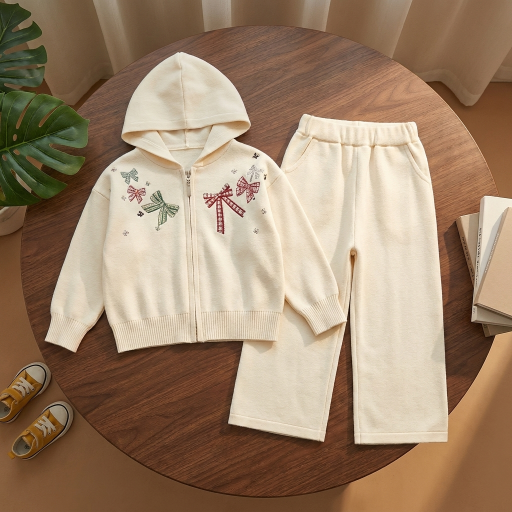 Cream girls three-piece outfit laid flat, featuring a zip-front hooded jacket with red and green bow embroidery and matching cream straight-leg trousers.