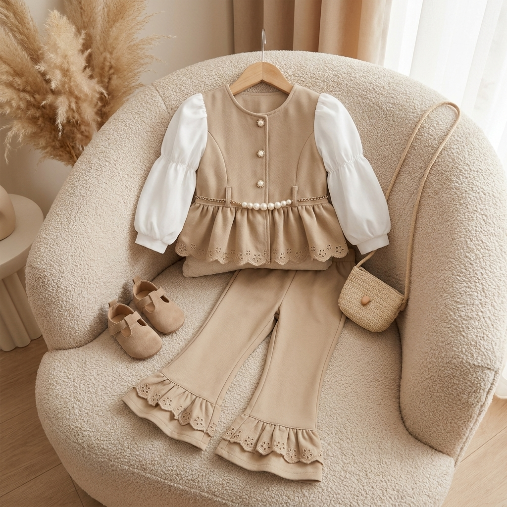 Beige leather-look cut-work frock with pearl chain waist detail, White puff-sleeve shirt and ruffle-hem trousers, presented on a cream chair.