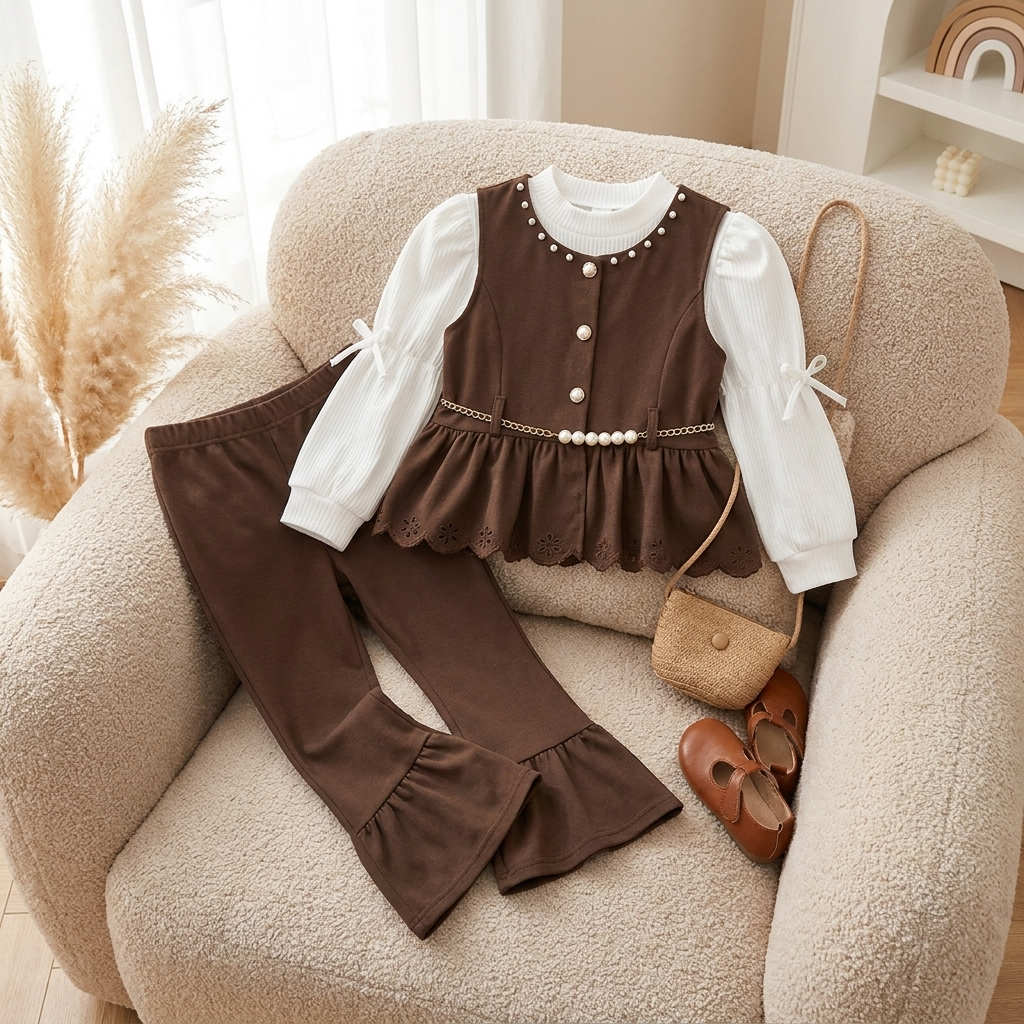 Brown leather-look pearl-trim cut-work frock with White puff-sleeve shirt and matching flared trousers, arranged on a textured cream chair.