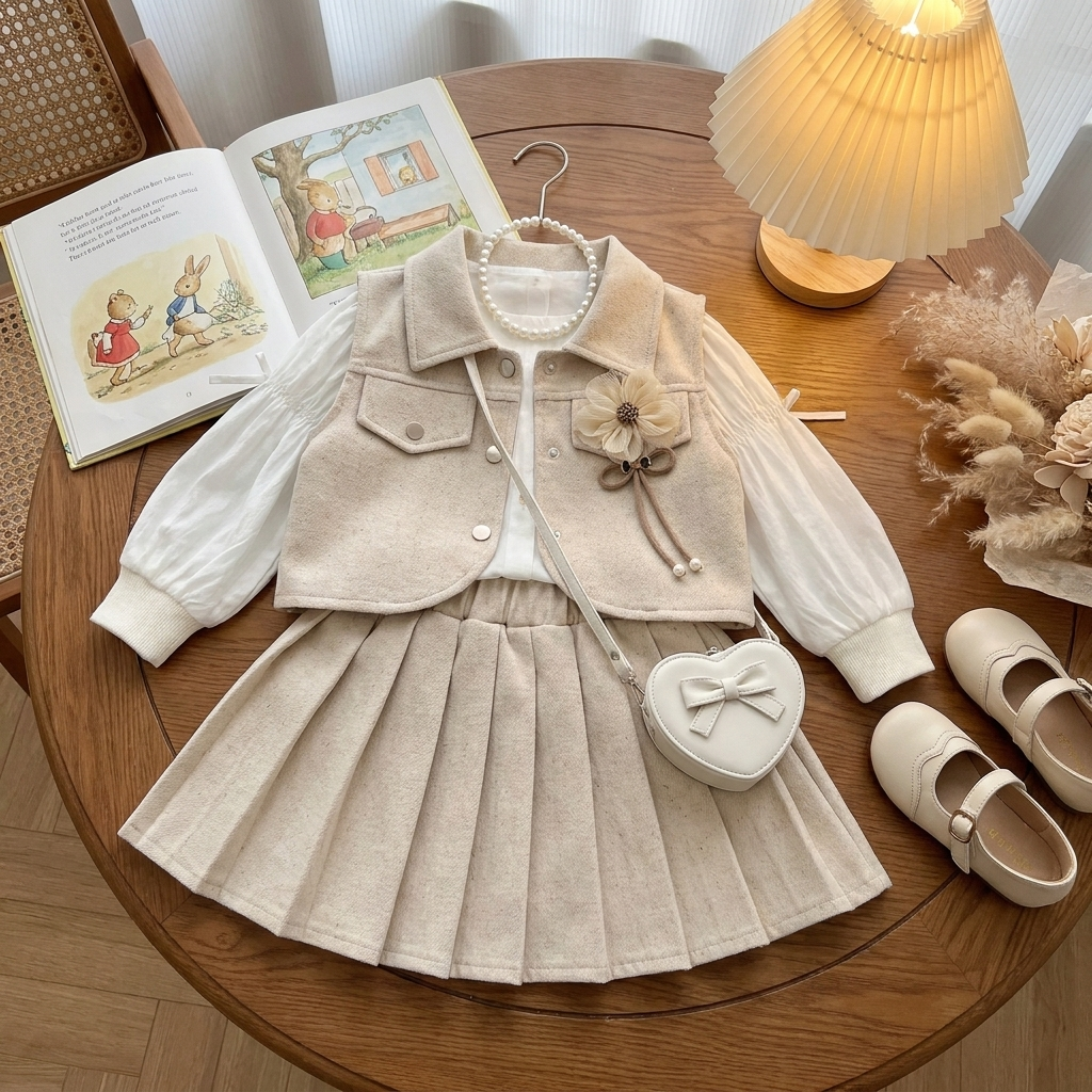 Beige girls 3-piece waistcoat and pleated skirt outfit styled on a round table, with a Cream puff-sleeve shirt and flower brooch detail on the vest.