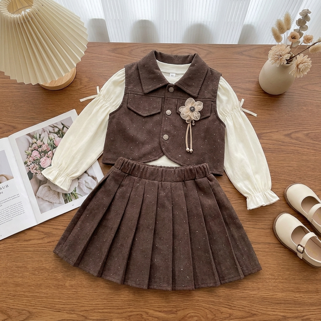 Brown girls waistcoat, shirt and pleated skirt 3PC set displayed flat, featuring a speckled textured waistcoat, floral chest brooch and matching flared skirt.