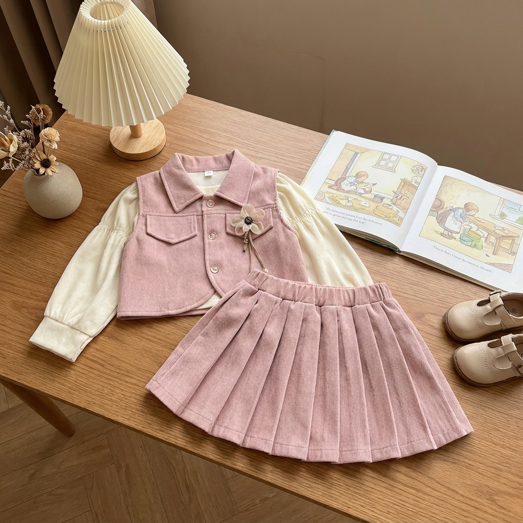 Pink girls 3-piece outfit laid flat on a wooden table, showing a Cream puff-sleeve shirt, Pink button-front waistcoat with flower brooch and pleated skirt.