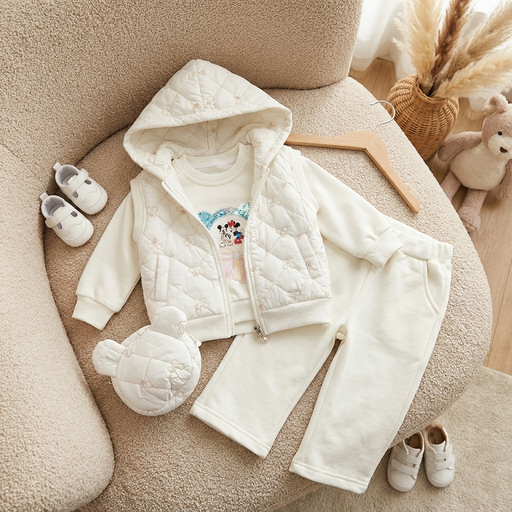 Cream girls three-piece winter outfit displayed on a textured chair, featuring a diamond-quilted hooded zip jacket, sparkling character graphic shirt and matching trousers.