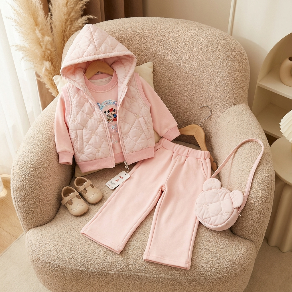 Pink girls quilted hooded jacket, graphic long-sleeve shirt and elastic-waist trousers 3pc set styled on a cream armchair.