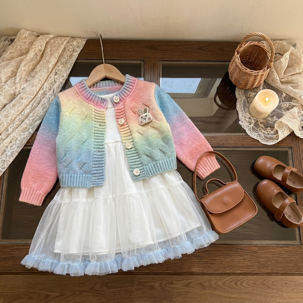 Sky pastel multicolour knit button-front sweater with bunny chest applique and White layered tulle frock, displayed flat with a Blue ruffled hem.