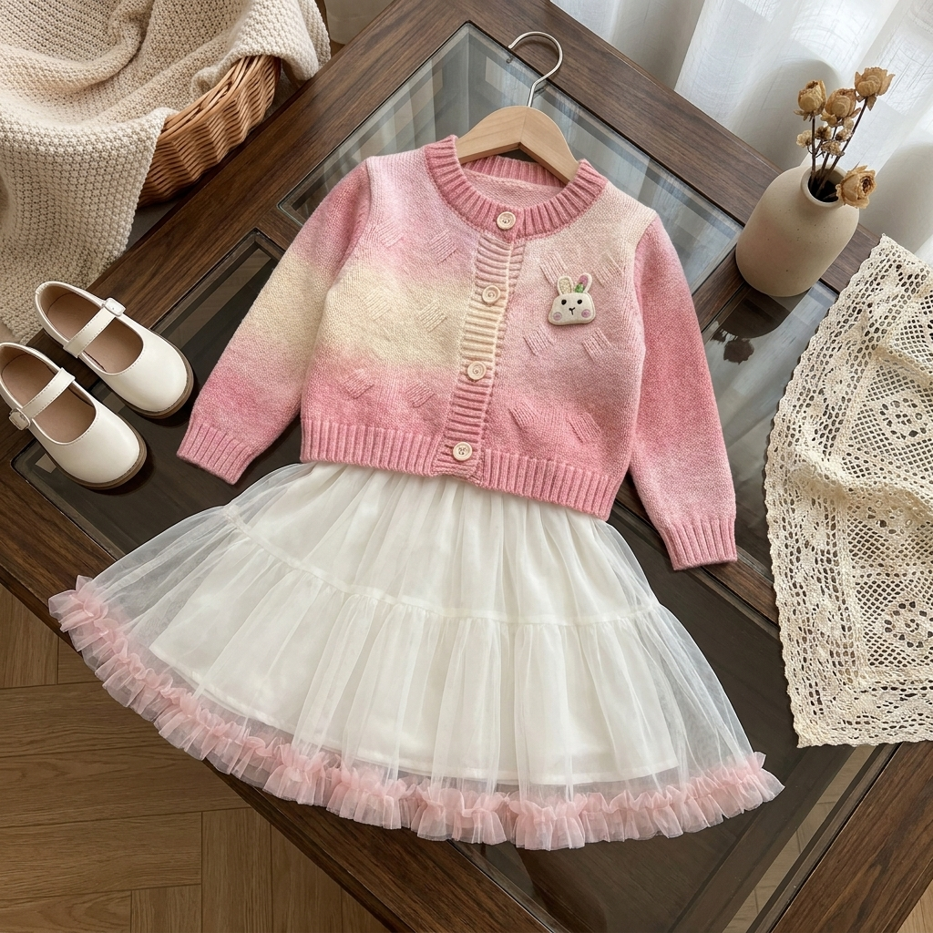Pink and Cream knit button-front sweater with bunny applique paired with a White layered tulle frock featuring a Pink ruffled hem, shown in a flat-lay display.