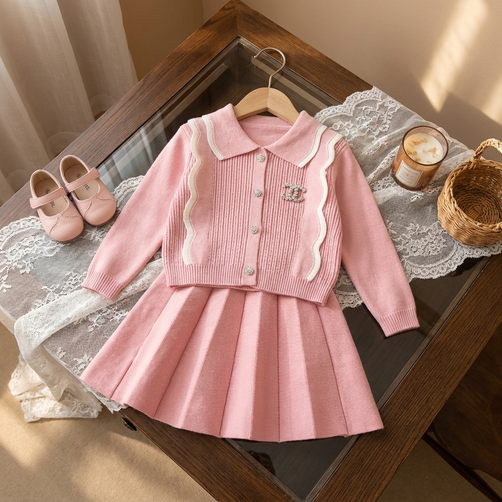 Pink girls knit-look sweater and matching pleated skirt 2pc set displayed flat, featuring White wavy trims, a rounded collar and sparkly decorative buttons.