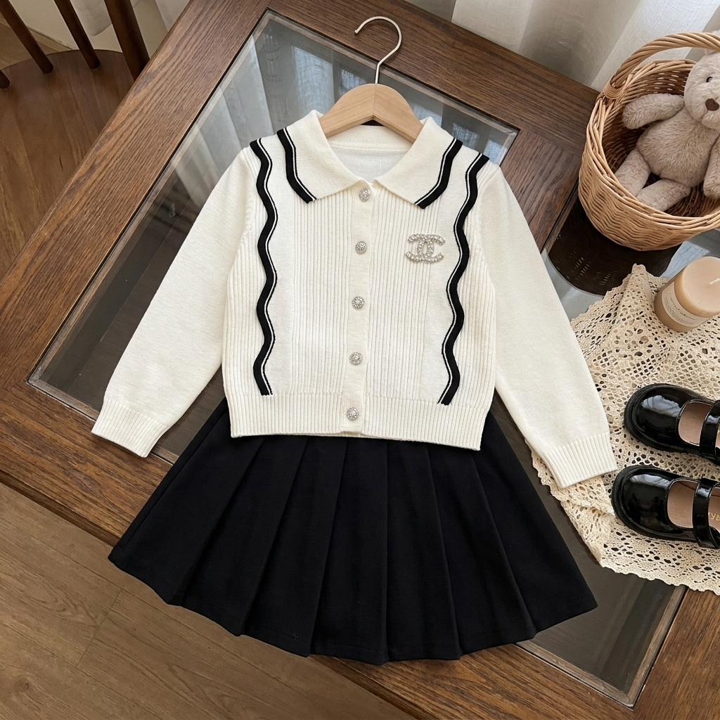 White girls knit-look sweater with Black wavy trim and Black pleated skirt 2pc set displayed on a hanger, showing the button-front cardigan-style design.