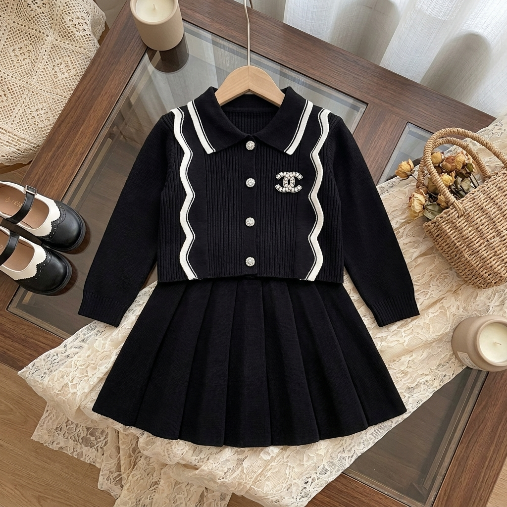 Black girls knit-look sweater and matching pleated skirt 2pc set displayed flat, featuring White wavy front trims, a rounded collar and sparkling chest applique.