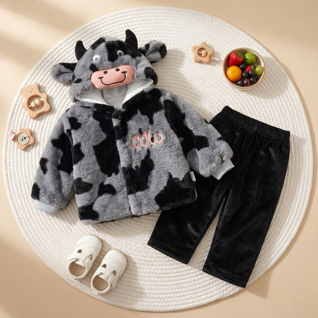 Grey and Black cow-print plush baby hooded jacket with a padded cow-face hood, paired with Black elastic-waist trousers in a flat-lay display.