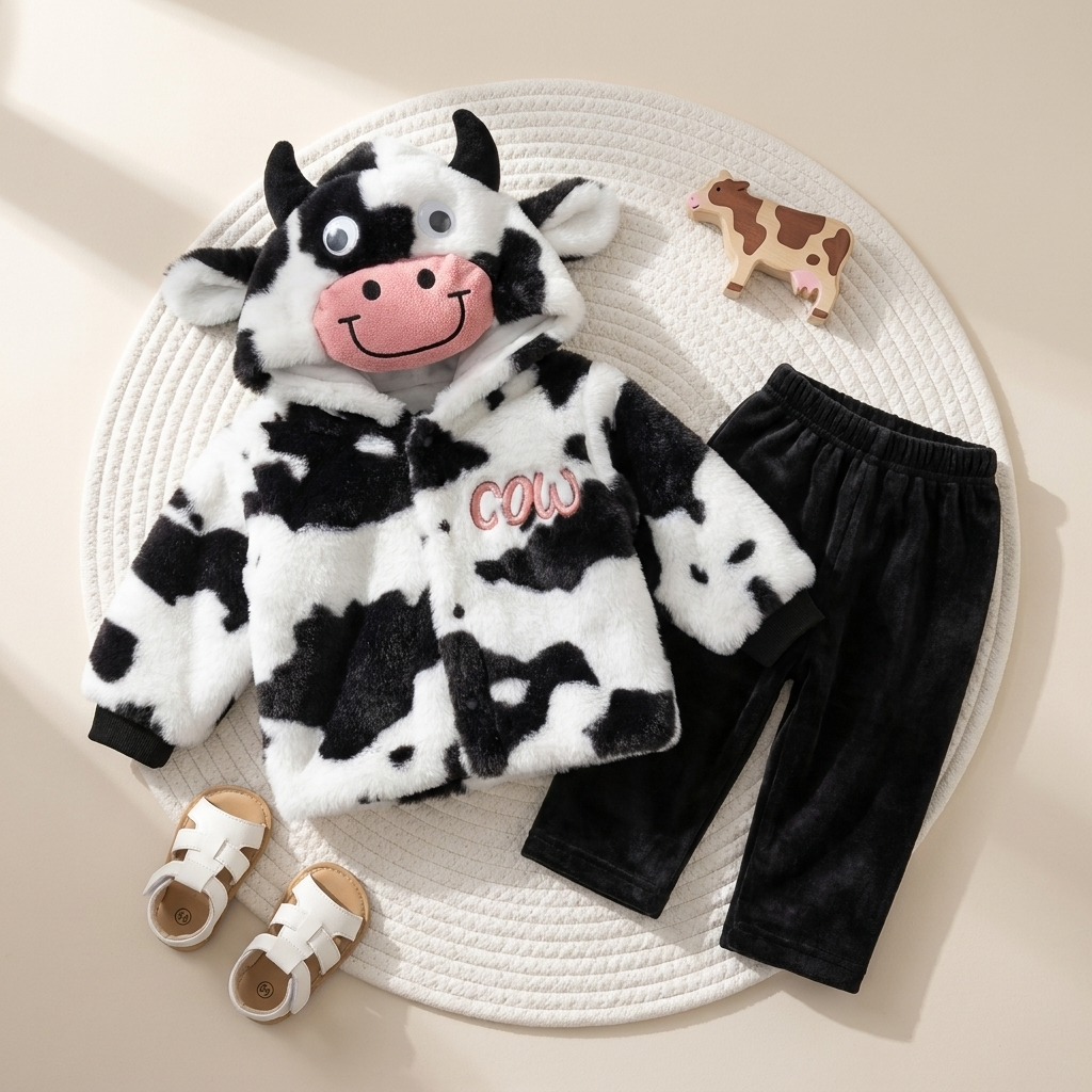 White and Black cow-print shaggy baby jacket with ears, horns and Pink cow snout hood, shown with matching Black full-length trousers.