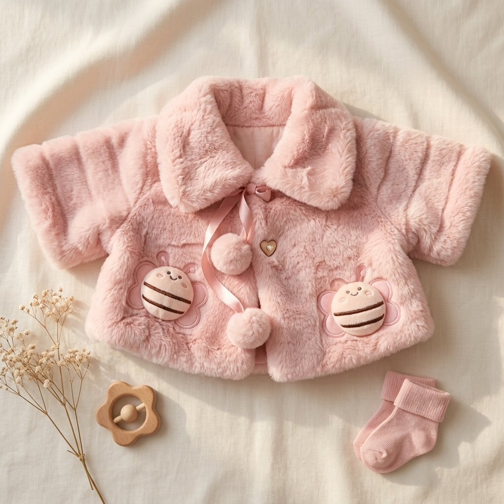 Pink girls shaggy plush jacket laid on fabric with a rounded collar, pom pom ribbon tie, heart button detail and bee front appliques.