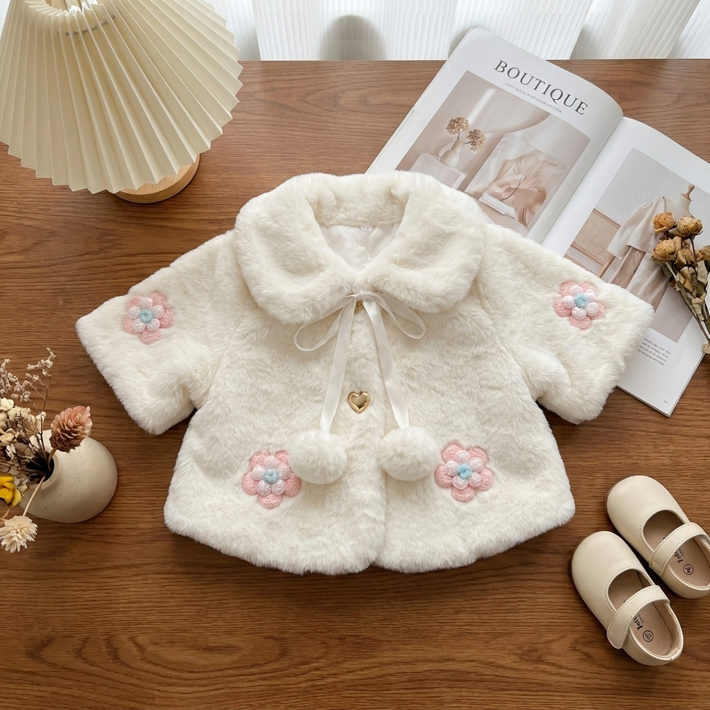 White girls plush shaggy jacket laid flat on a wooden table, featuring a rounded collar, ribbon pom poms and Pink flower appliques.