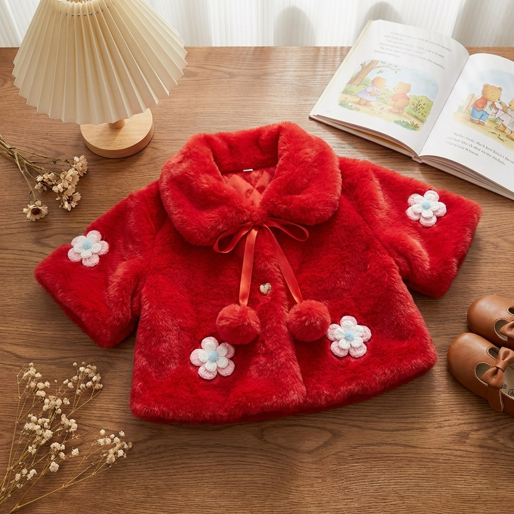 Red girls plush shaggy winter jacket laid flat with a wide collar, dangling pom pom ribbon and Pink, White and Blue flower appliques.
