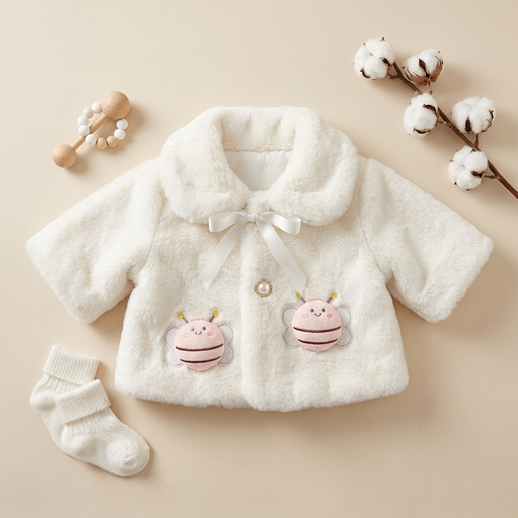 White girls shaggy plush jacket shown in a styled flat lay, featuring a fluffy rounded collar, White ribbon bow and twin bee appliques.