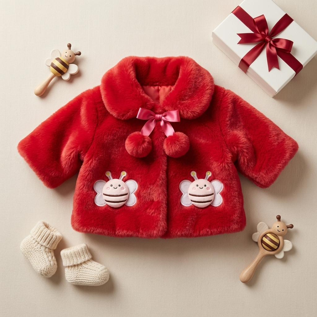 Red girls shaggy plush jacket laid flat with a rounded collar, pink pom pom ribbon tie and two bee appliques on the front.