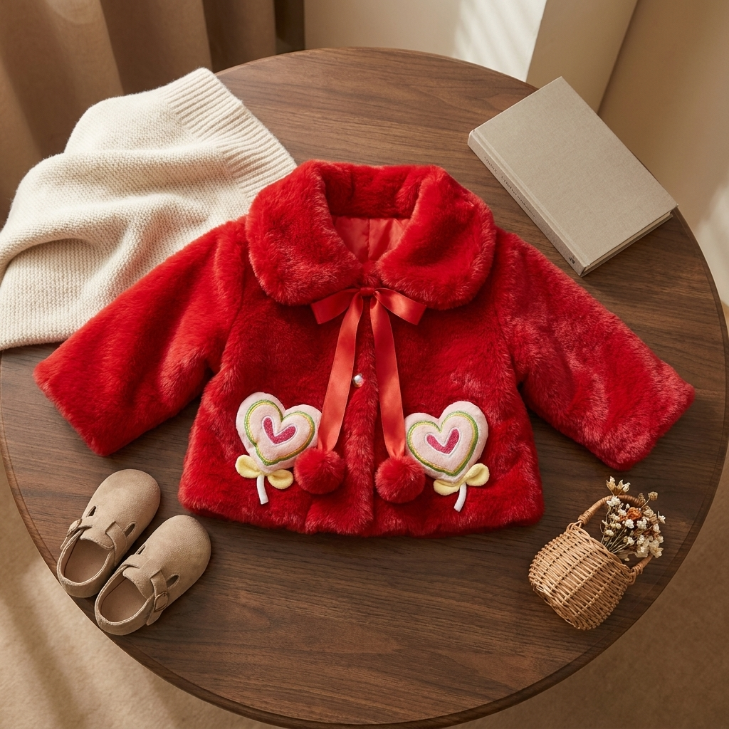 Red girls shaggy jacket displayed flat on a wooden table, featuring a plush rounded collar, red pom pom ribbon tie and heart lollipop front appliques.