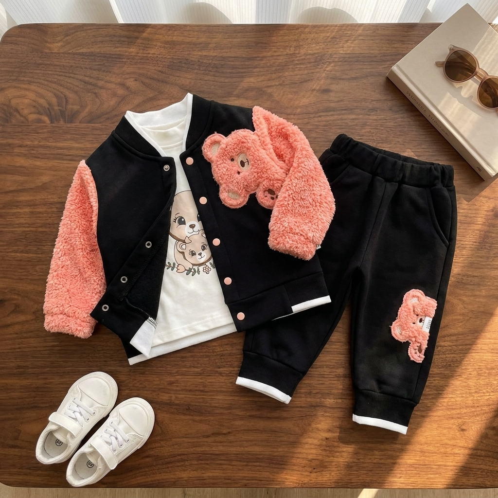 Flat-lay of the Peach and Black baby 3-piece suit showing the Peach shaggy-sleeve teddy applique jacket, White printed shirt and Black jogger trousers.