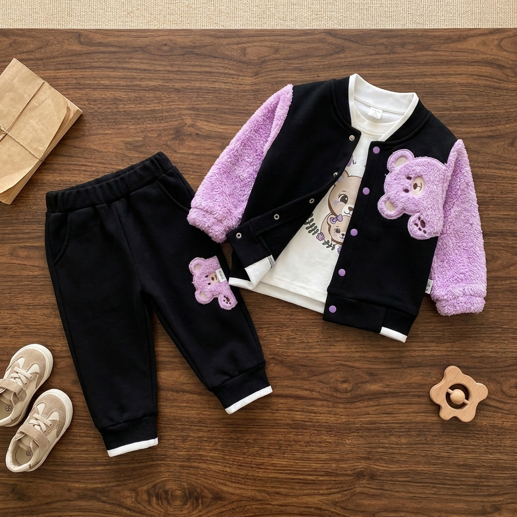 Flat-lay of the Purple and Black baby 3-piece suit with Purple fluffy jacket sleeves, Purple teddy applique, White character shirt and Black joggers.