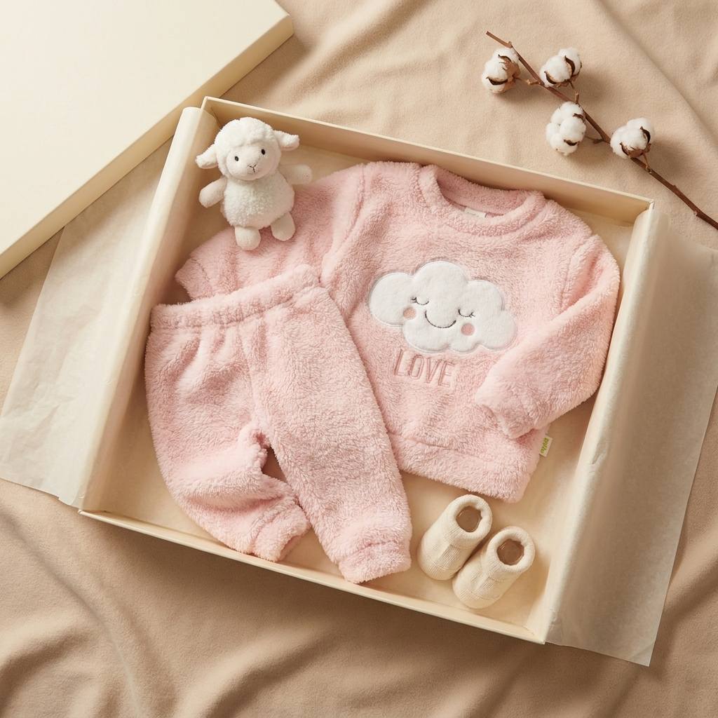 Pink shaggy baby night suit displayed in a gift-style box, featuring a sleepy cloud LOVE applique sweatshirt and matching cuffed trousers.