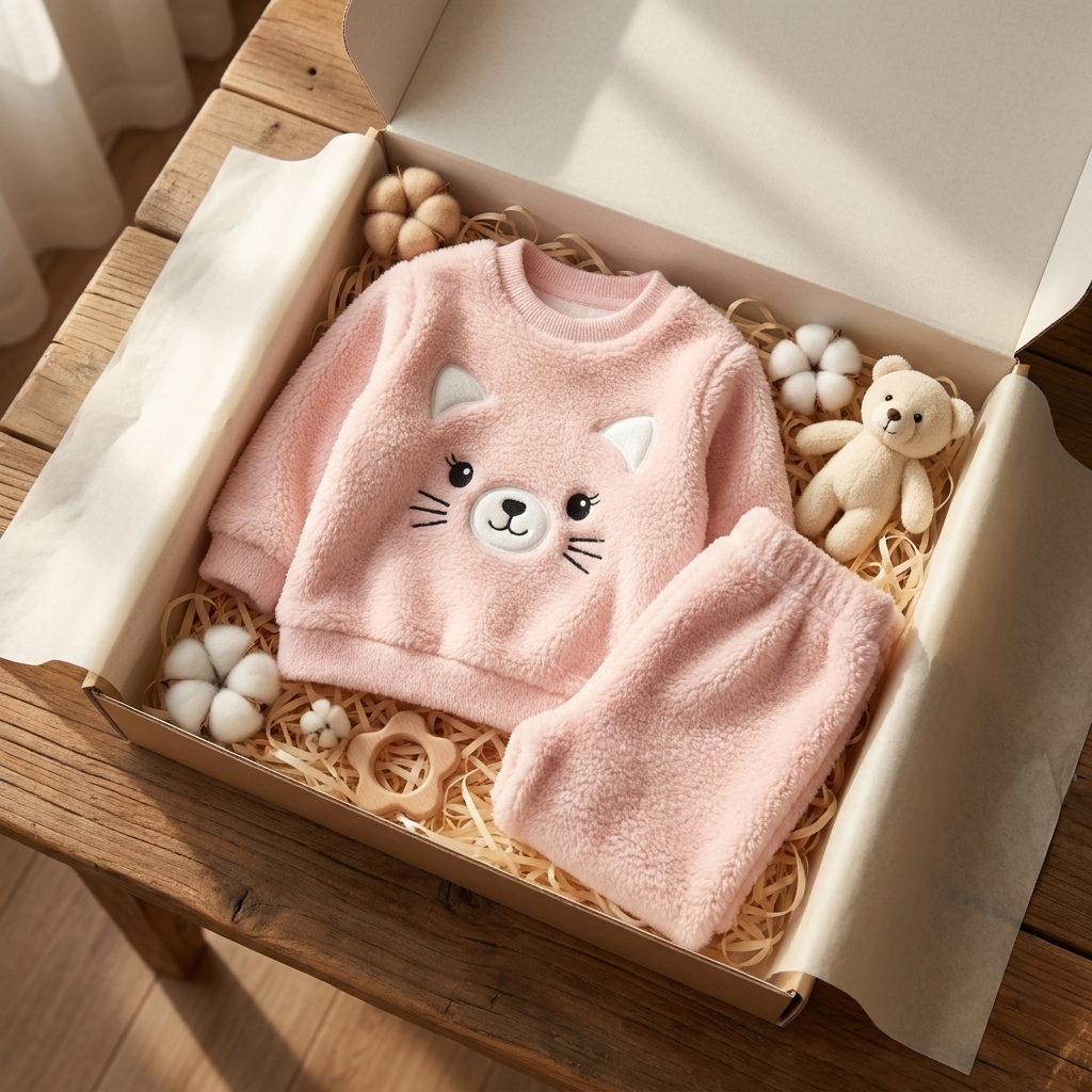 Light Pink shaggy baby night suit in an open box, showing a raised kitty-face applique sweatshirt with matching soft trousers.