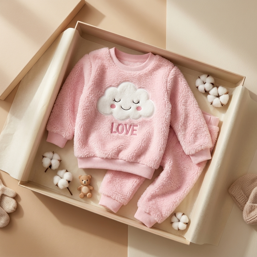 Pink plush-look baby cloud LOVE night suit laid in a presentation box, with a long-sleeve cuffed sweatshirt and matching full-length trousers.