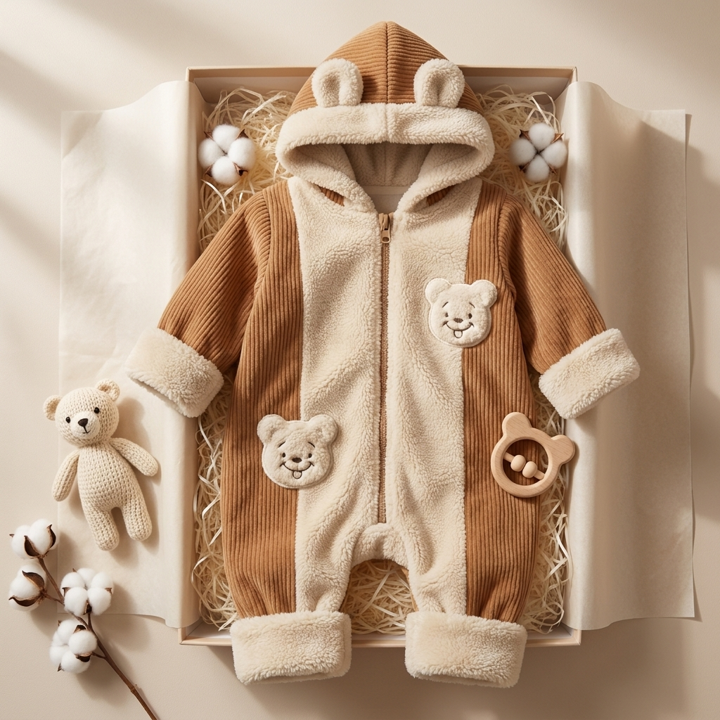Camel and Cream full-length baby romper displayed in a gift-box-style flat lay, featuring a teddy-ear hood, centre zip and two bear face appliques.