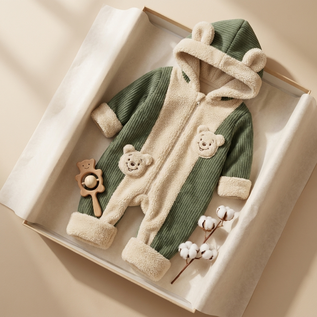 Olive Green and Cream full-length baby romper displayed in a box-style flat lay, showing ribbed-look panels, plush hood trim, teddy ears and enclosed feet.