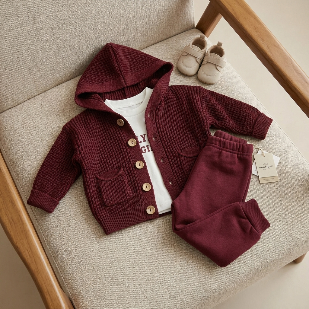 Maroon baby hooded button-front knit cardigan with patch pockets, White inner shirt and matching cuffed jogger trousers laid out on an armchair.