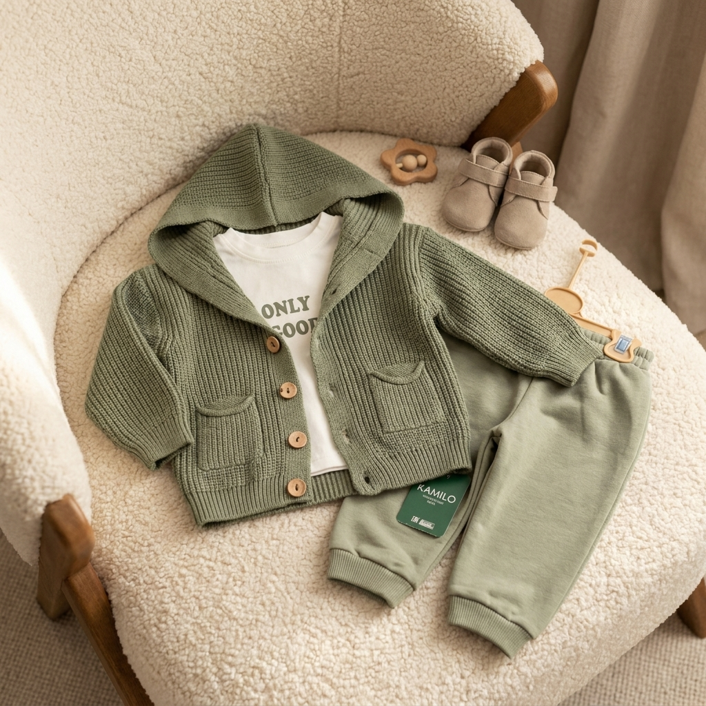 Olive Green baby hooded knit cardigan, White graphic shirt and matching jogger trouser 3-piece set displayed on a textured cream chair.