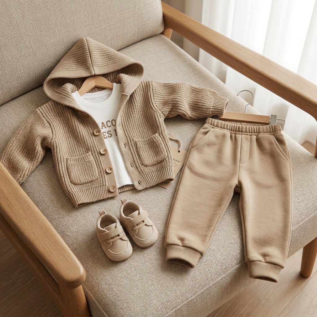 Beige baby 3-piece sweater suit arranged on a beige armchair, showing the hooded button-front knit cardigan, White printed shirt and cuffed jogger trousers.