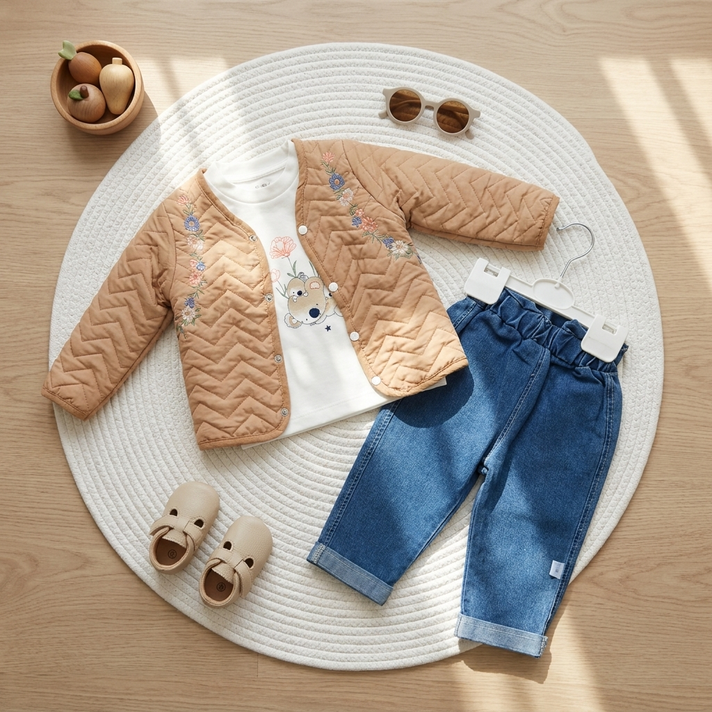 Flat-lay of Beige chevron-quilted baby jacket with floral embroidery, White bear-print shirt and Blue cuffed denim-look pants.