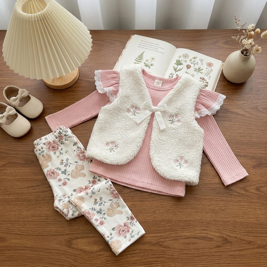 Pink baby 3-piece outfit laid flat with a White floral embroidered sherpa waistcoat, ribbed ruffle-sleeve shirt and bunny floral print tights.