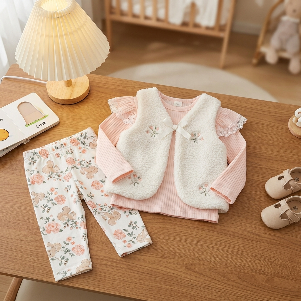 Light Pink ribbed baby shirt, White plush bow-front waistcoat and floral bunny-print tights displayed as a coordinated 3-piece suit on a nursery table.