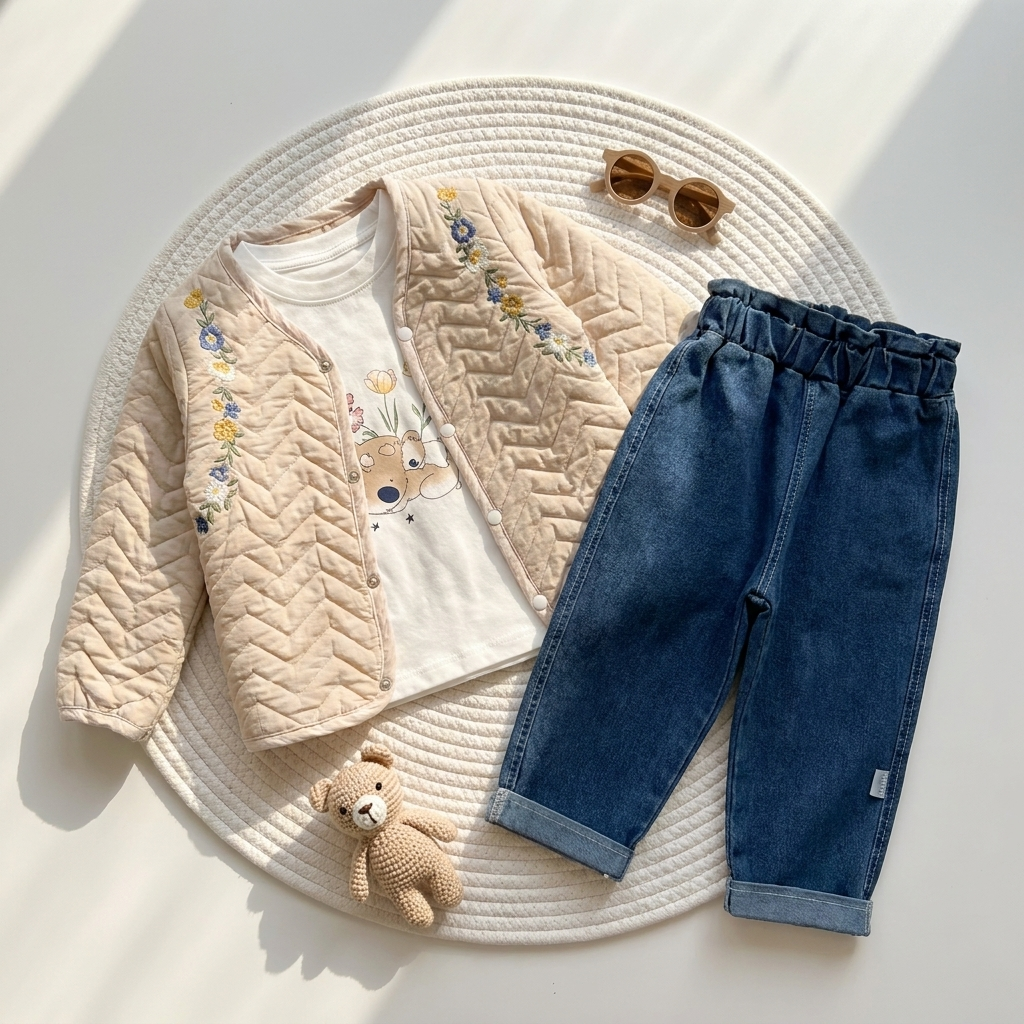Overhead flat-lay of the Beige floral embroidered quilted jacket, bear graphic shirt and gathered-waist Blue denim-look pants.
