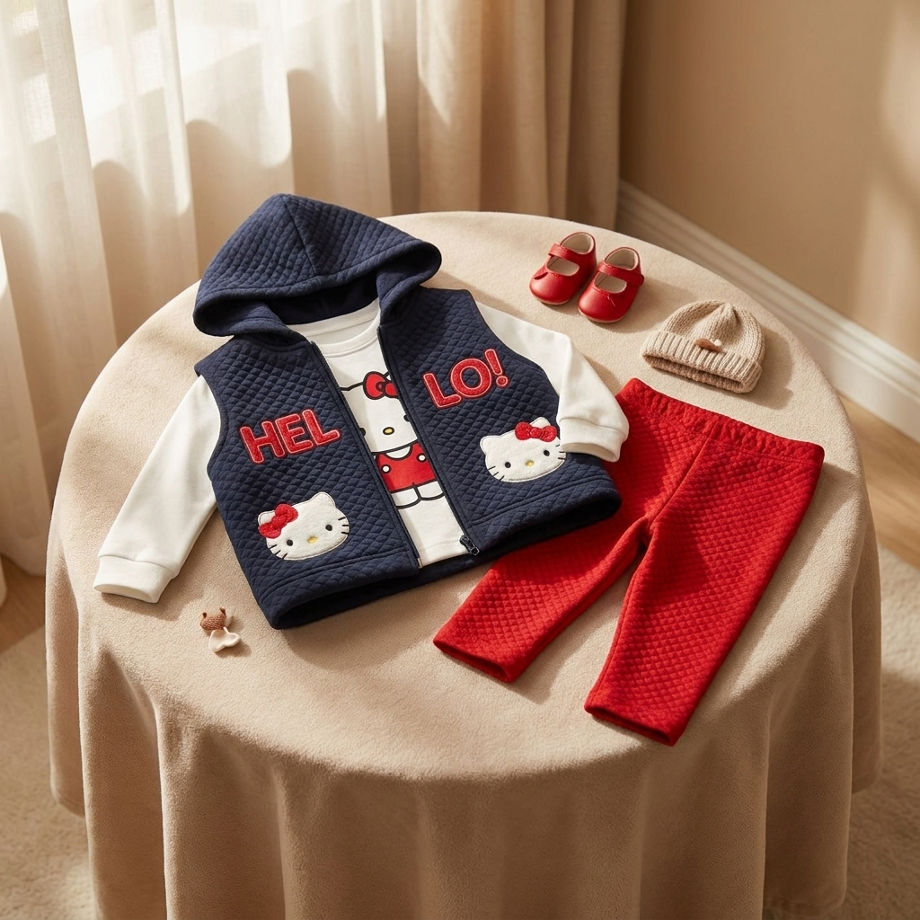 Flat-lay presentation of the three-piece baby winter suit showing the Navy Blue hooded kitty applique waistcoat, White printed shirt and Red textured trousers.