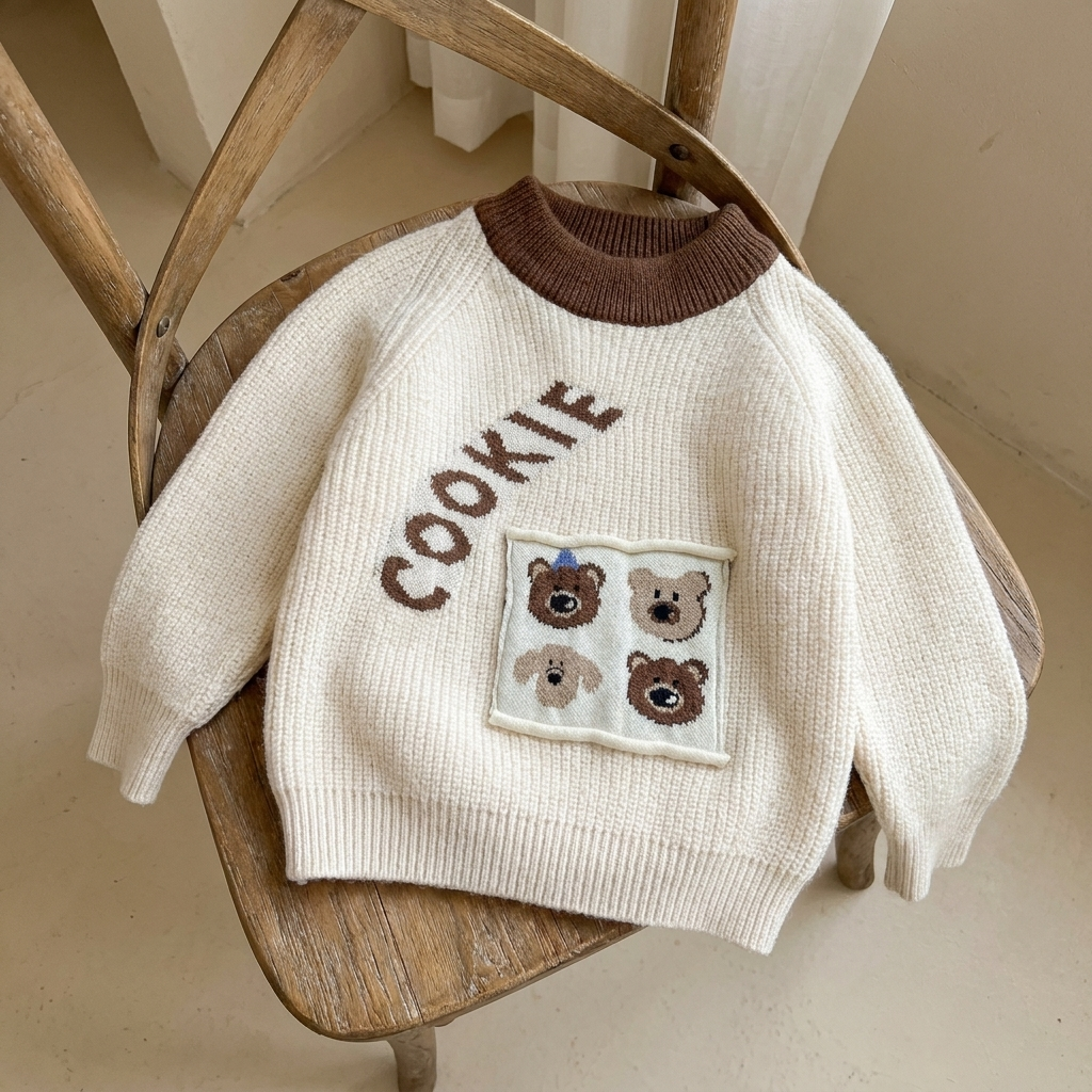 White boys Cookie Bear knit-look sweater displayed on a wooden chair, featuring a Brown ribbed neckline and teddy bear face square applique.