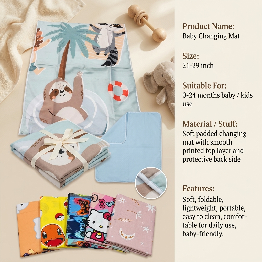 Light Blue cartoon sloth and zebra printed baby changing mat shown open and folded, with a plain protective reverse side and 21 x 29 inch size information.