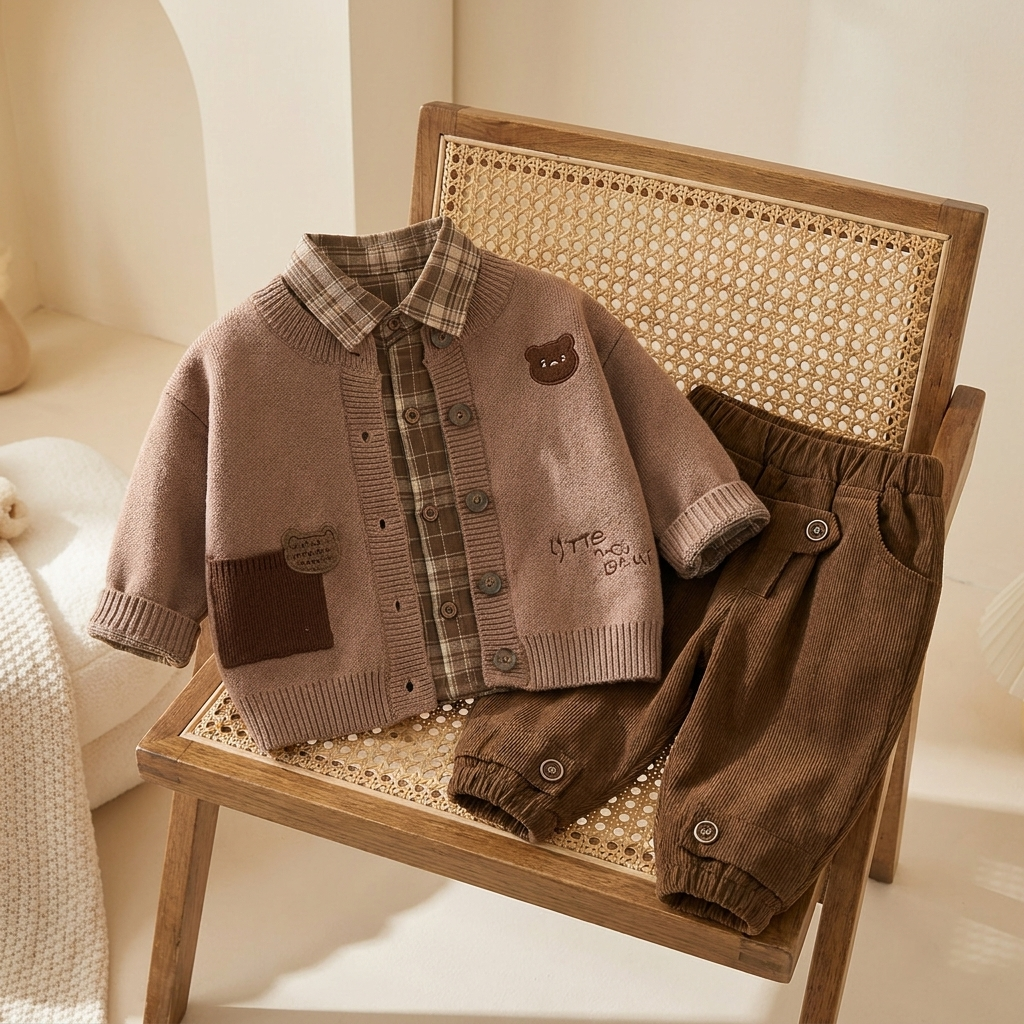 Brown-toned boys 3-piece sweater suit displayed on a cane chair, featuring a teddy patch knit cardigan, check collared shirt and dark ribbed trousers.