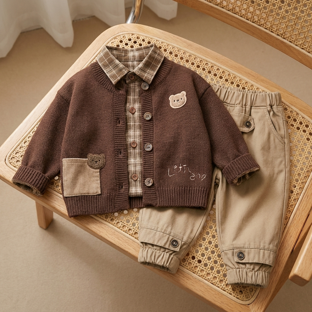 Dark Brown boys teddy patch knit cardigan layered over a check shirt with Light Brown ribbed trousers, styled flat on a woven cane chair.